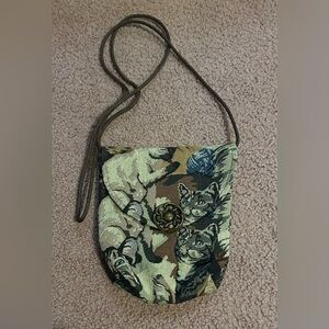 EUC Tapestry Cat Design Cross Over mini Purse Beige Light Weight Handmade VTG